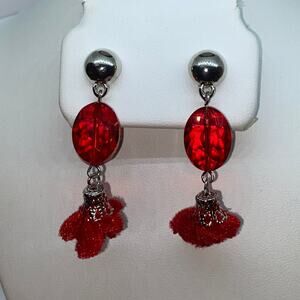 Silver-Tone Red Beaded & Pom-Pom Dangle Earrings